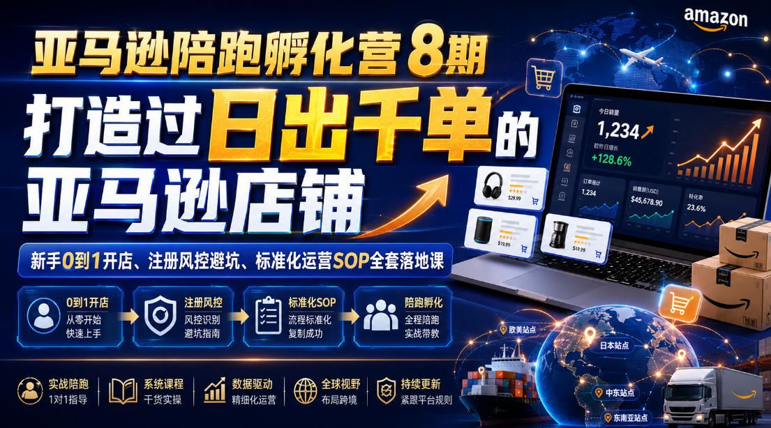 亚马逊陪跑孵化营8期，打造过日出千单的亚马逊店铺，新手0到1开店、注册风控避坑、标准化运营SOP全套落地课-白蛇网
