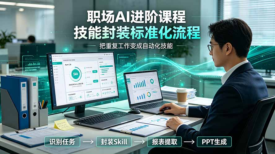 职场AI进阶课程；多类实用Skill工具实操，专属技能封装标准化流程，报表行业报告一键提取核心内容-白蛇网