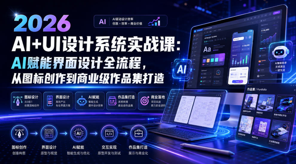 2026 AI+UI设计系统实战课：AI赋能界面设计全流程，从图标创作到商业级作品集打造-白蛇网