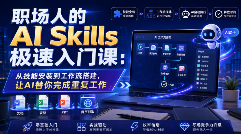 职场人的AI Skills极速入门课：从技能安装到工作流搭建，让AI替你完成重复工作-白蛇网