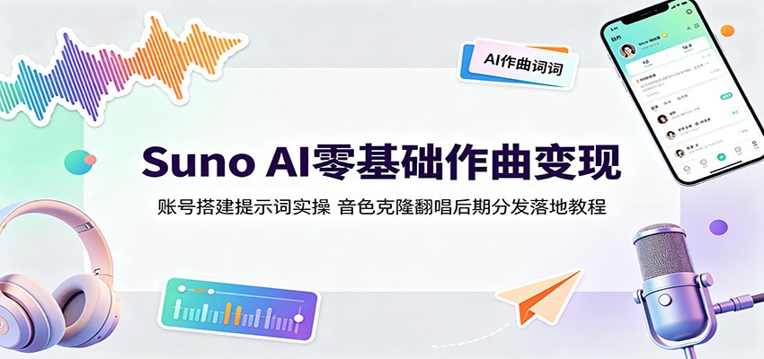 Suno AI零基础作曲变现：账号搭建提示词实操，音色克隆翻唱后期分发落地教程-白蛇网