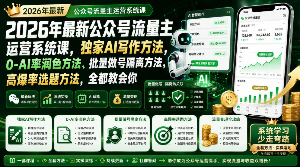 2026年最新公众号流量主运营系统课，独家AI写作方法，0-AI率润色方法、批量做号隔离方法、高爆率选题方法，全都教会你-白蛇网