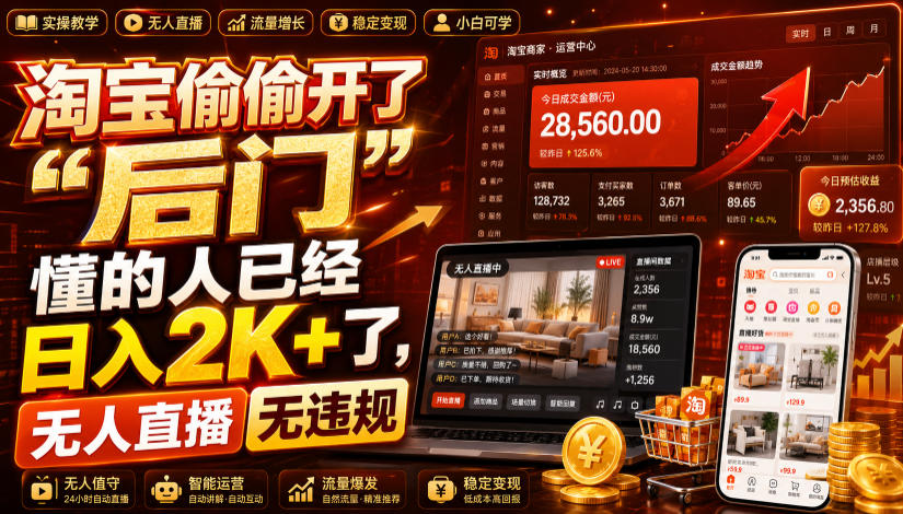 淘宝偷偷开了“后门”，懂的人已经日入2K+了，无人直播无违规，一台电脑=一家24小时营业的线上门店【揭秘】-白蛇网
