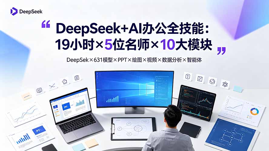 DeepSeek+AI办公全技能:19小时×5位名师×10大模块,DeepSeek×631模型×PPT×绘图×视频×数据分析×智能体-白蛇网
