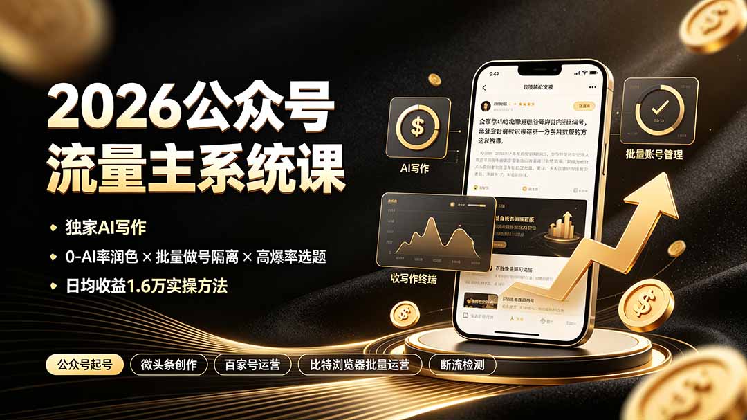 2026公众号流量主系统课:独家AI写作×0-AI率润色×批量做号隔离×高爆率选题,日均收益1.6万实操方法-白蛇网