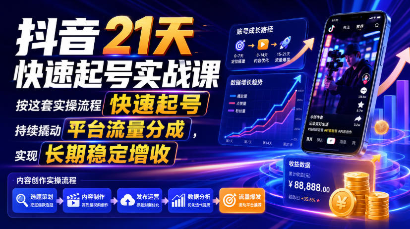 抖音21天快速起号实战课,按这套实操流程快速起号,持续撬动平台流量分成,实现长期稳定增收-白蛇网