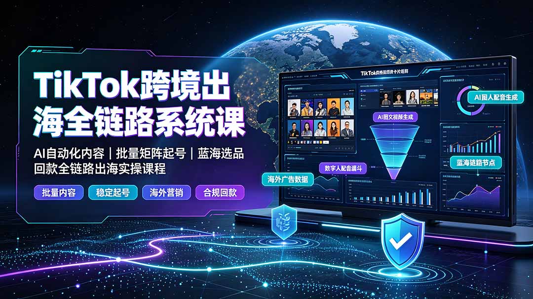 TikTok跨境出海全链路系统课-2026年7月:AI自动化内容|批量矩阵起号|蓝海选品回款全链路出海实操课程-白蛇网