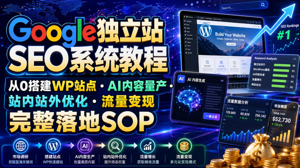 Google独立站SEO系统教程,从0搭建WP站点・AI内容量产・站内站外优化・流量变现完整落地SOP(2026年7月)-白蛇网