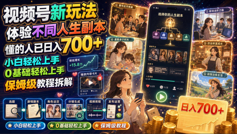 视频号新玩法体验不同人生副本,懂的人已日入700+,小白轻松上手,0基础轻松上手,保姆级教程拆解-白蛇网
