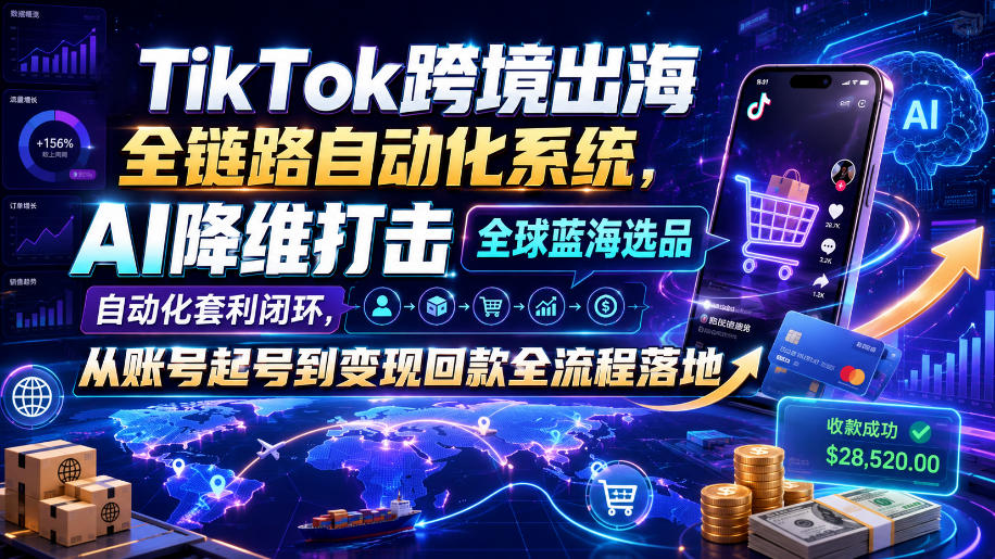 TikTok跨境出海全链路自动化系统,AI降维打击全球蓝海选品自动化套利闭环,从账号起号到变现回款全流程落地(2026年7月)-白蛇网