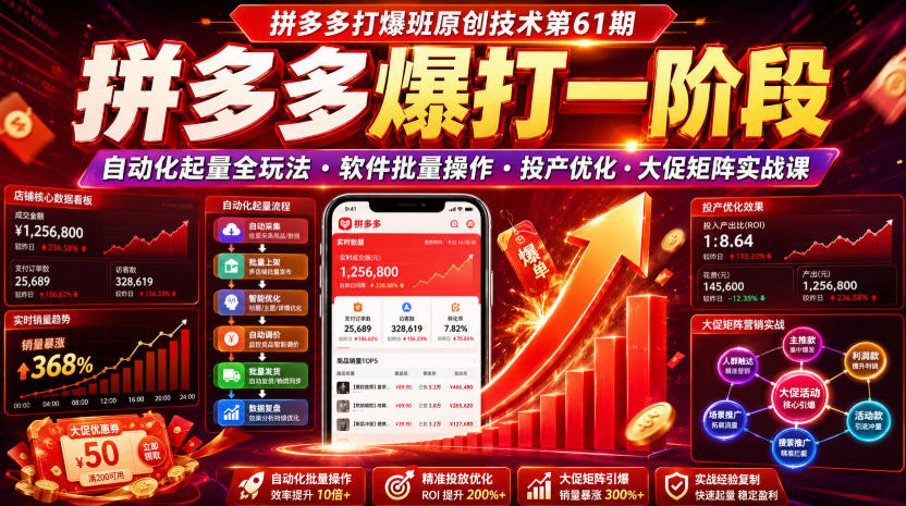 拼多多打爆班原创技术第61期,拼多多爆打一阶段,自动化起量全玩法・软件批量操作・投产优化・大促矩阵实战课-白蛇网
