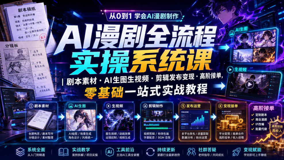 AI漫剧全流程实操系统课|剧本素材・AI生图生视频・剪辑发布变现・高阶接单,零基础一站式实战教程-白蛇网