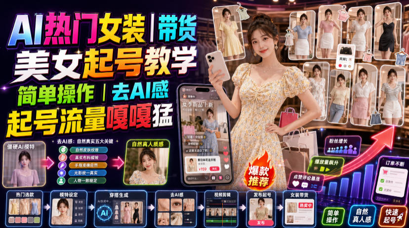 AI热门女装带货丨美女起号教学，简单操作，去AI感，起号流量嘎嘎猛-白蛇网