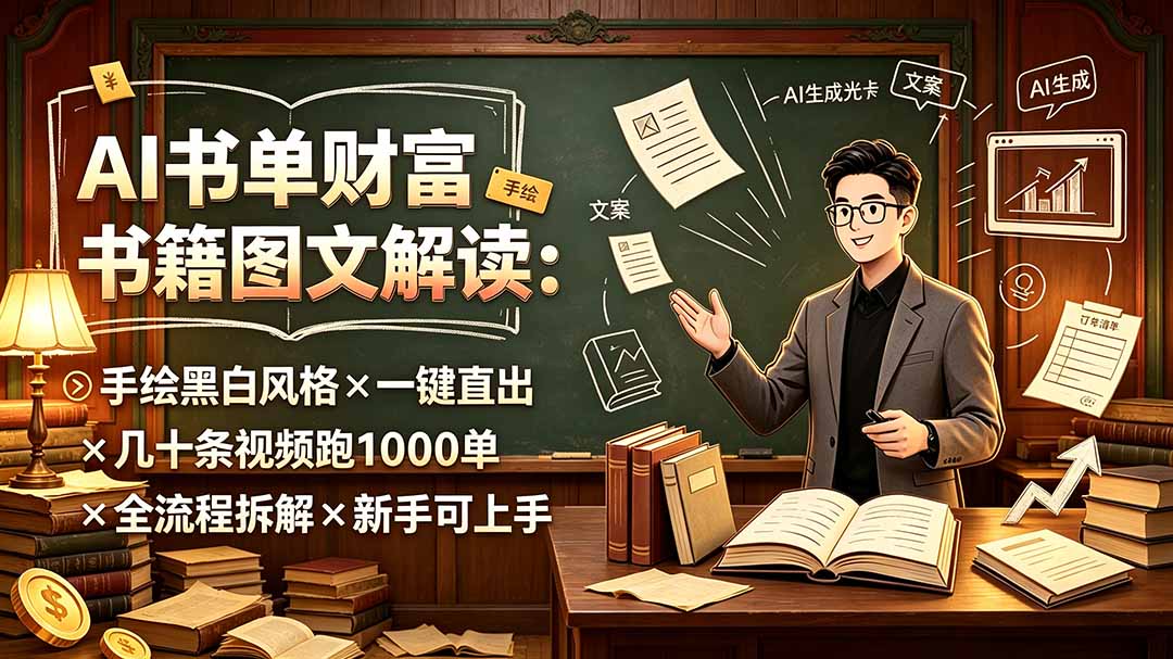 AI书单财富书籍图文解读:手绘黑白风格×一键直出×几十条视频跑1000单×全流程拆解×新手可上手-白蛇网
