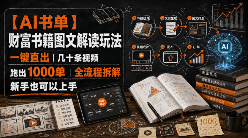 【AI书单】财富书籍图文解读玩法,一键直出,几十条视频,跑出1000单,全流程拆解,新手也可以上手-白蛇网