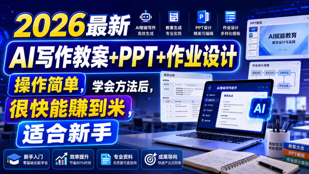 2026最新AI写作教案+PPT+作业设计，操作简单，学会方法后，很快能賺到米，适合新手-白蛇网