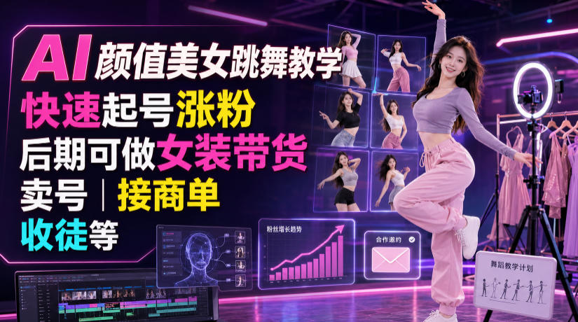 AI颜值美女跳舞教学，快速起号涨粉，后期可做女装带货，卖号，接商单，收徒等-白蛇网