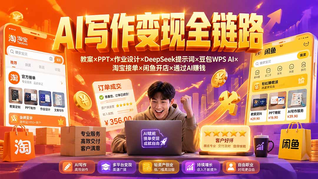 2026AI写作变现全链路：教案×PPT×作业设计×DeepSeek提示词×豆包WPS AI×淘宝接单×闲鱼开店×通过AI賺钱-白蛇网
