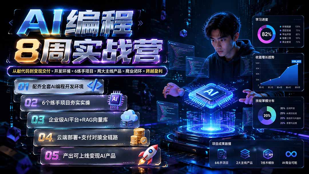 AI编程8周实战营:从敲代码到变现交付×开发环境×6练手项目×两大主线产品×商业闭环×跨越盈利-白蛇网