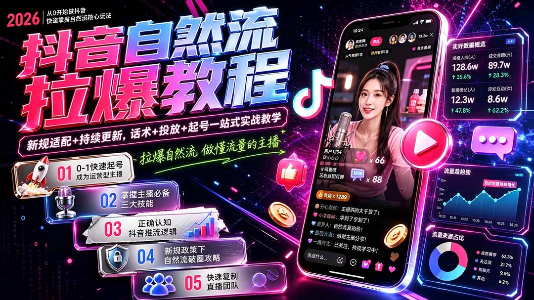 抖音自然流拉爆教程-更新7月:做懂流量的主播,新规适配+持续更新,话术+投放+起号一站式实战教学-白蛇网