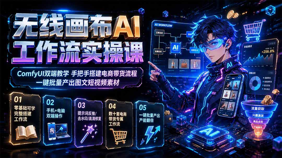 无线画布AI工作流实操课｜ComfyUI双端教学，手把手搭建电商带货流程，一键批量产出图文短视频素材-白蛇网