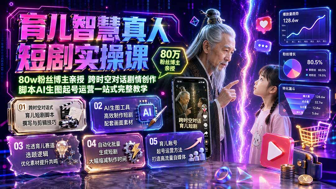育儿智慧真人短剧实操课|80w粉丝博主亲授,跨时空对话剧情创作,脚本AI生图起号运营一站式完整教学-白蛇网