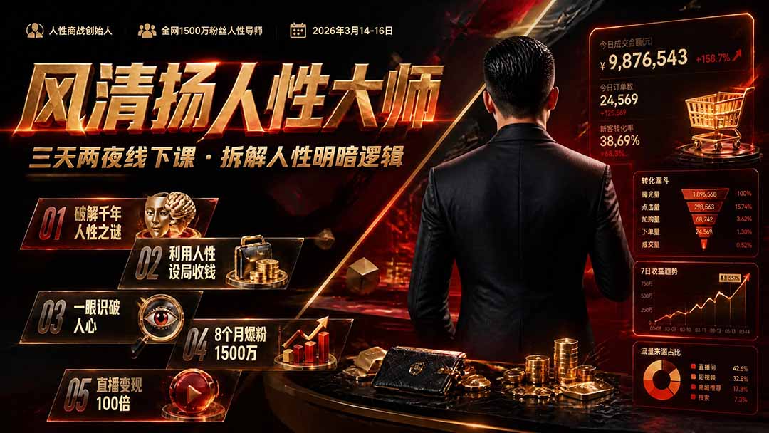 风清扬人性大师-三天两夜3月14-16线下课2026年|拆解人性明暗逻辑,识人避坑,千万粉涨粉+直播百倍变现实战教学-白蛇网