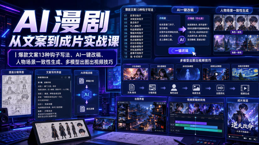AI漫剧从文案到成片实战课｜爆款文案13种钩子写法、AI一键改稿、人物场景一致性生成、多模型出图出视频技巧-白蛇网