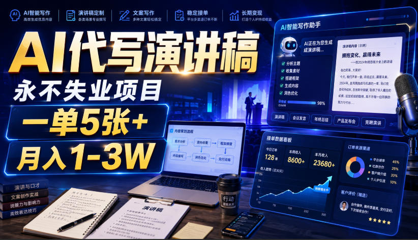 AI代写演讲稿，永不失业项目，一单5张+，月入1-3W【揭秘】-白蛇网