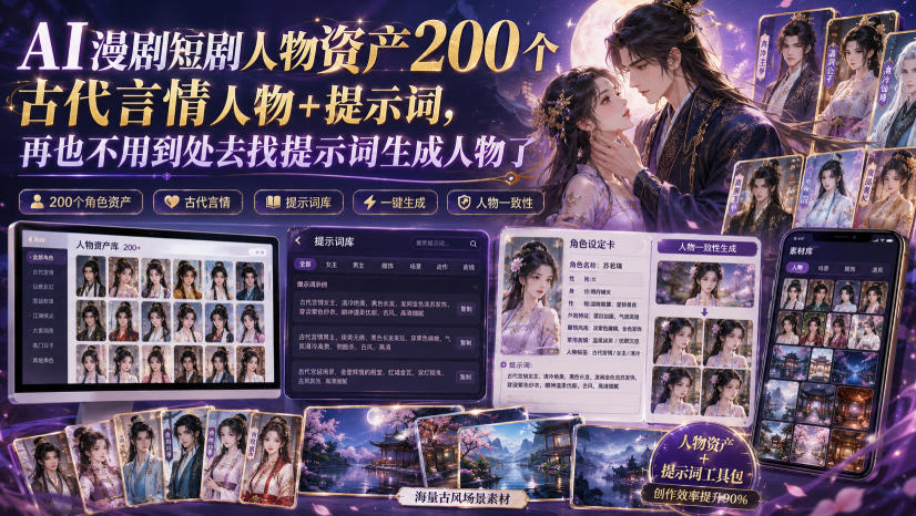 AI漫剧短剧人物资产200个古代言情人物+提示词，再也不用到处去找提示词生成人物了-白蛇网