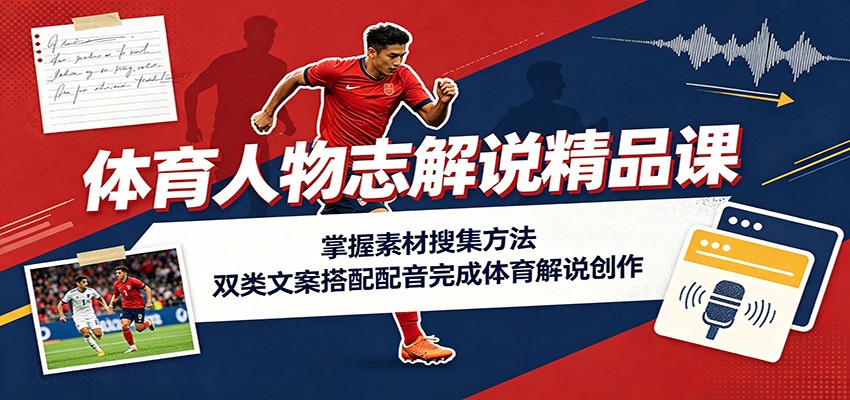 体育人物志解说精品课：掌握素材搜集方法，双类文案搭配配音完成体育解说创作-白蛇网