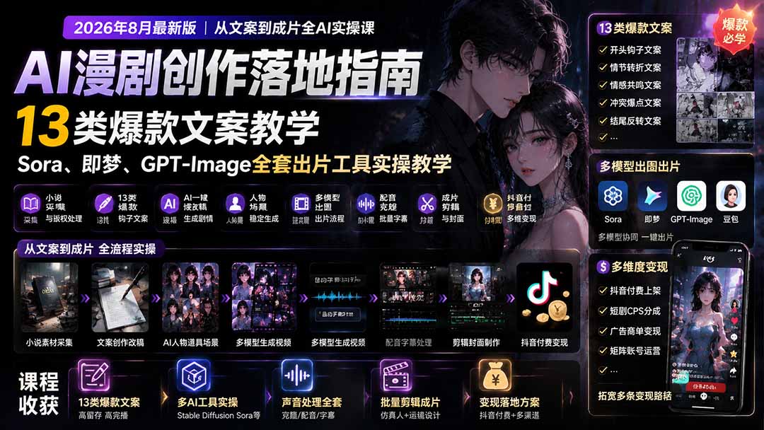 AI漫剧创作落地指南｜13类爆款文案教学，Sora、即梦、GPT-Image全套出片工具实操教学-白蛇网