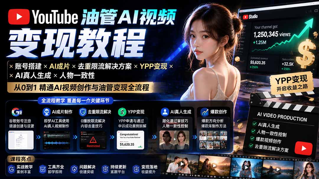 YouTube油管AI视频变现教程：账号搭建×AI成片×去重限流解决方案×YPP变现×AI真人生成×人物一致性-白蛇网