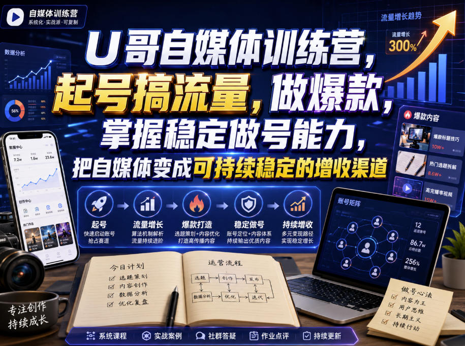 U哥自媒体训练营，起号搞流量，做爆款，掌握稳定做号能力，把自媒体变成可持续稳定的增收渠道-白蛇网