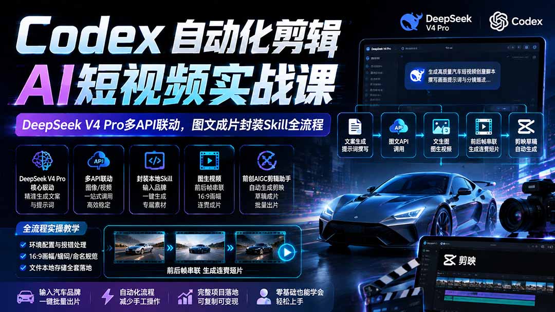 Codex自动化剪辑AI短视频实战课｜DeepSeek V4 Pro多API联动，图文成片封装Skill全流程-白蛇网