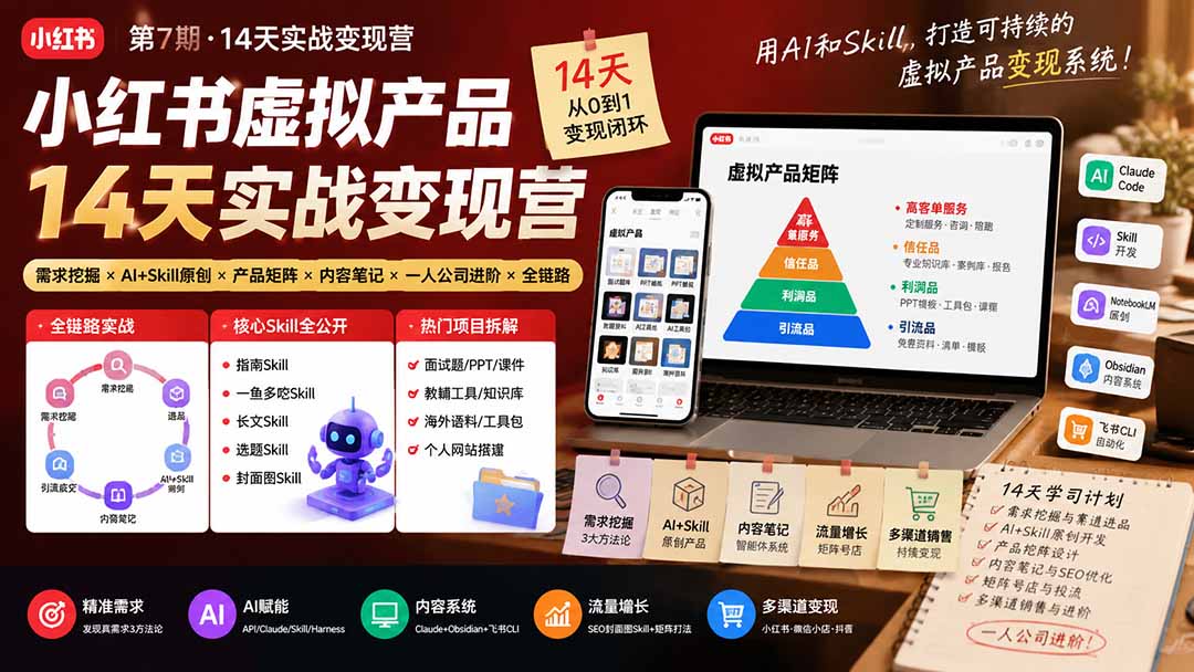 小红书虚拟产品14天实战变现营-第7期：需求挖掘×AI+Skill原创×产品矩阵×内容笔记×一人公司进阶×全链路-白蛇网