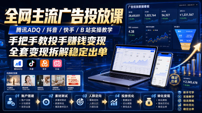 全网主流广告投放课，腾讯ADQ / 抖音 / 快手 / B 站实操教学，手把手教投手赚钱变现，全套变现拆解稳定出单-白蛇网