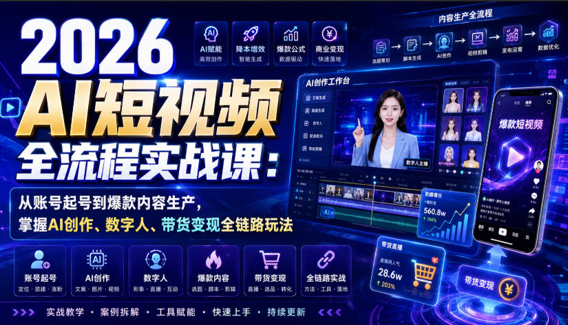 2026 AI短视频全流程实战课：从账号起号到爆款内容生产，掌握AI创作、数字人、带货变现全链路玩法-白蛇网