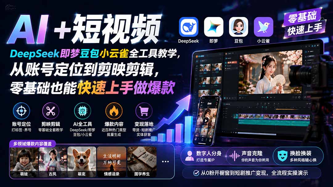 AI+短视频｜DeepSeek即梦豆包小云雀全工具教学，从账号定位到剪映剪辑，零基础也能快速上手做爆款-白蛇网