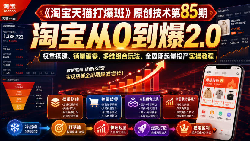《淘宝天猫打爆班》原创技术第85期，淘宝从0到爆2.0，权重搭建、销量破零、多维组合玩法、全周期起量投产实操教程-白蛇网