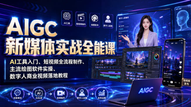 AIGC新媒体实战全能课｜AI工具入门、短视频全流程制作、主流绘图软件实操、数字人商业视频落地教程-白蛇网