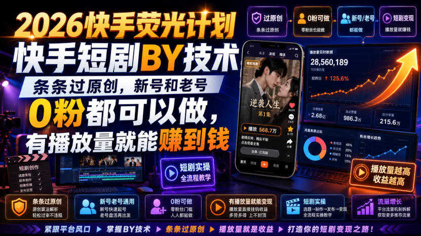 2026快手荧光计划，快手短剧搬运技术，条条过原创，新号和老号0粉都可以做，有播放量就能賺到钱-白蛇网