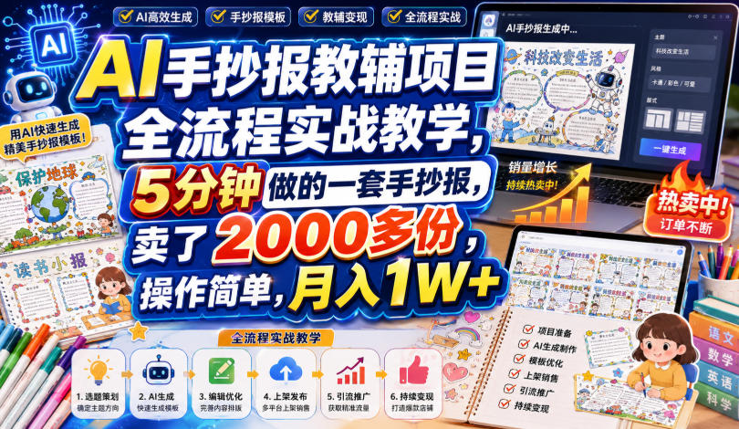 AI手抄报教辅项目全流程实战教学，5分钟做的一套手抄报，卖了2000多份，操作简单，月入1W+-白蛇网