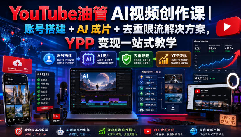 YouTube油管AI视频创作课｜账号搭建+AI成片+去重限流解决方案，YPP变现一站式教学(更新0809)-白蛇网