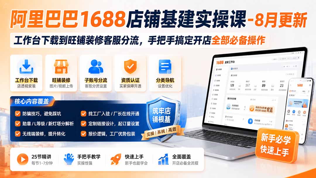 阿里巴巴1688店铺基建实操课-8月更新；工作台下载到旺铺装修客服分流，手把手搞定开店全部必备操作-白蛇网