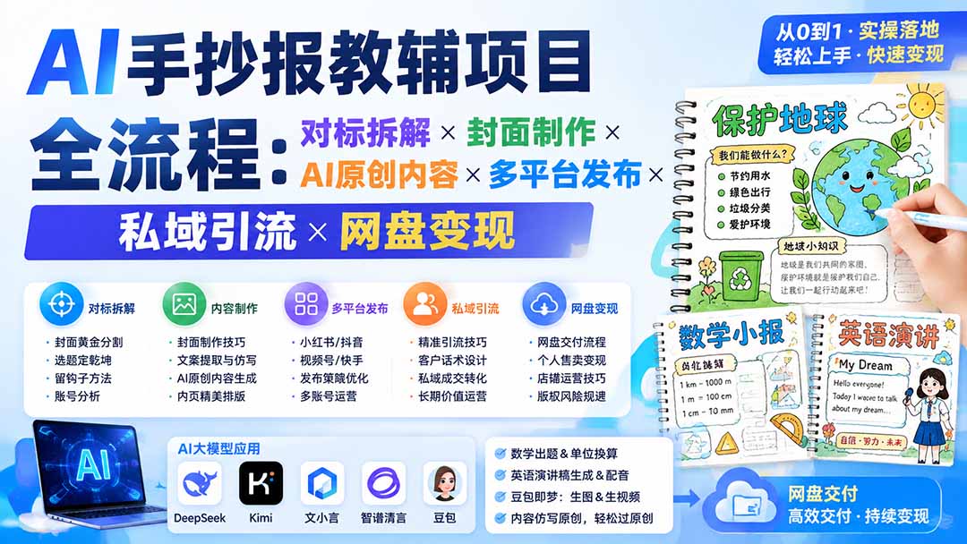 AI手抄报教辅项目全流程：对标拆解×封面制作×AI原创内容×多平台发布×私域引流×网盘变现-白蛇网