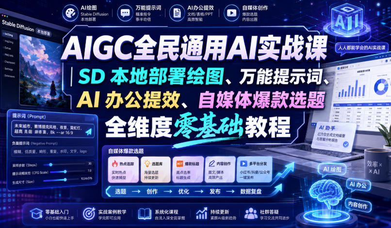 AIGC全民通用AI实战课｜SD本地部署绘图、万能提示词、AI办公提效、自媒体爆款选题全维度零基础教程-白蛇网