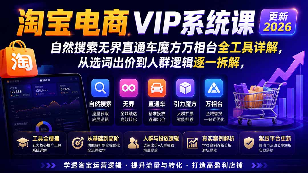 图片[1]-淘宝电商VIP系统课-更新8月；自然搜索无界直通车魔方万相台全工具详解，从选词出价到人群逻辑逐一拆解-白蛇网