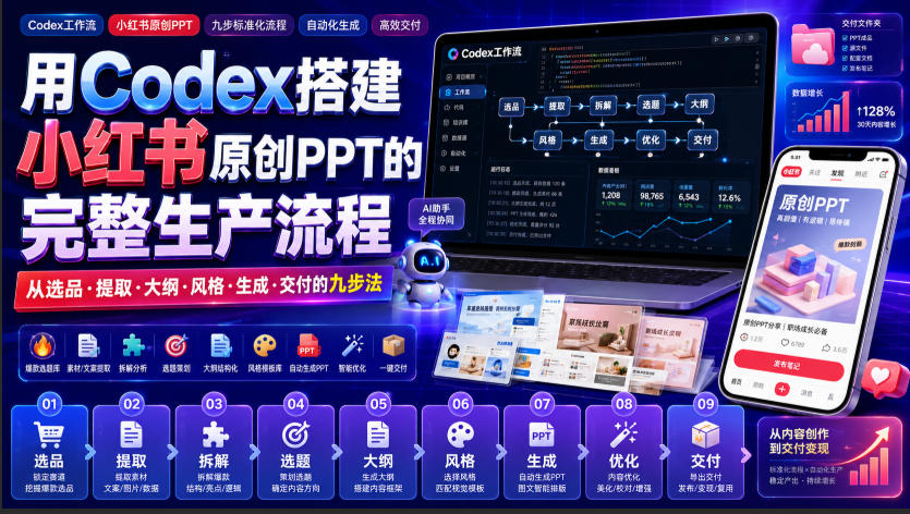 用Codex搭建小红书原创PPT的完整生产流程，从选品·提取·大纲·风格·生成·交付的九步法-白蛇网