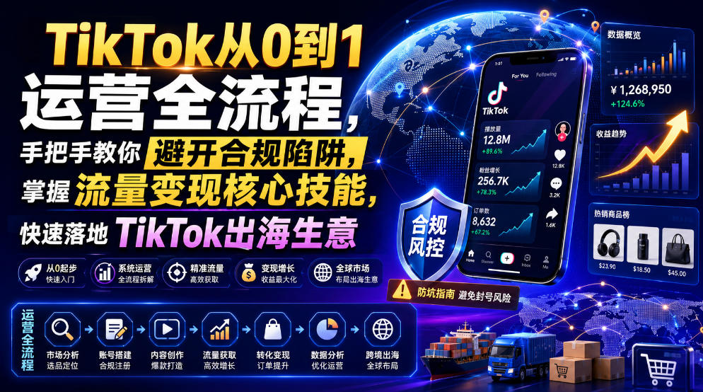 TikTok从0到1运营全流程，手把手教你避开合规陷阱，掌握流量变现核心技能，快速落地TikTok出海生意(更新8月)-白蛇网
